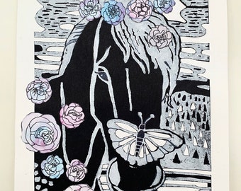 Horse and Butterfly Linoleum Block Print with Roses