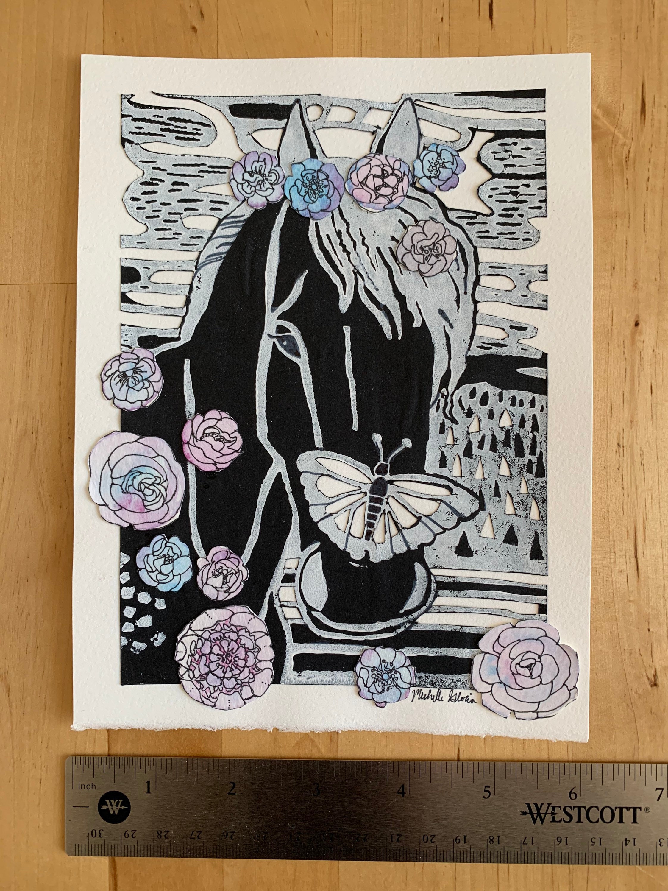 Horse and Butterfly Linoleum Block Print With Roses - Etsy