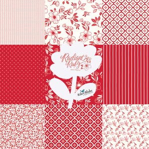 May include: A fabric swatch collection featuring various patterns in red and white. Designs include floral, geometric, and striped patterns. The collection is labeled "Radiant Ruby" by Riley Blake Designs.