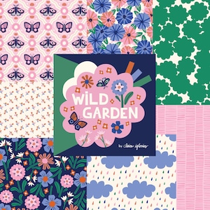 May include: A colorful patchwork design featuring floral and butterfly patterns. The central square reads "WILD GARDEN" with floral and butterfly illustrations. The design includes pink, blue, green, and white elements, creating a whimsical and nature-inspired aesthetic.
