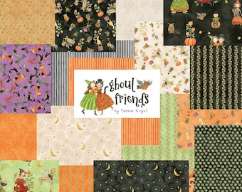 May include: A patchwork of Halloween-themed fabric squares. Designs include orange polka dots, witch illustrations, and patterns with moons and stars. The central square features the text "ghoul friends" and illustrations of two figures.