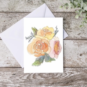 Cartes de correspondance, Cartes de voeux vierges avec enveloppes, Papeterie pliée, Roses aquarelles, Livraison gratuite, Cartes nature, Cartes florales faites main
