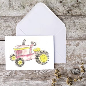 Cartes de correspondance, Cartes de voeux vierges avec enveloppes, Papeterie pliée, Tracteur rose aquarelle, Livraison gratuite, Cartes de ferme, Cartes faites main