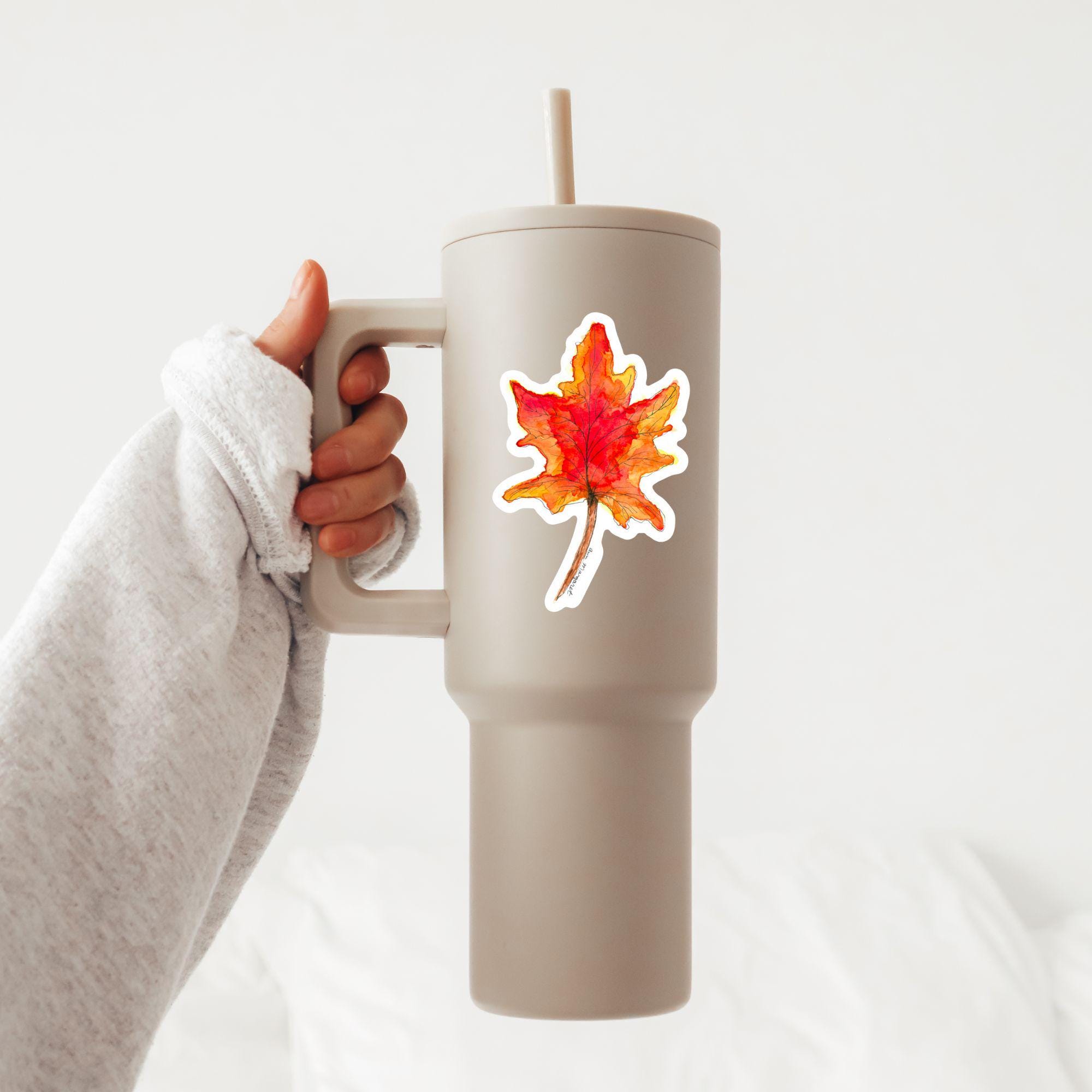 Beautiful Fall Leaf Sticker, Watercolor Handmade Vinyl Sticker, Water Bottle, Laptop, Lunch Box, Phone Case, Waterproof and Scratch Proof