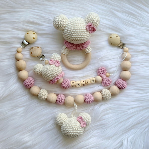 Baby Gift Crochet Set Amigurumi Pacifier Chain Stroller Chain Rattle Gripper Minnie Mickey Mouse