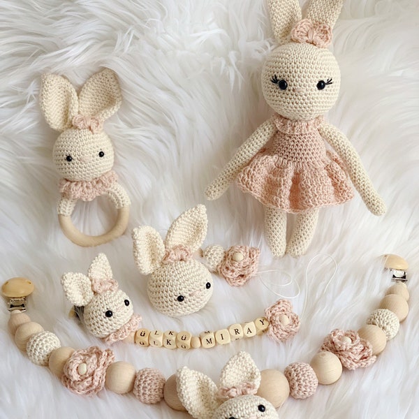 Baby Geschenk Häkel Set Amigurumi Schnullerhalter Schnullerclip Schnullerkette  Kinderwagenkette Hase