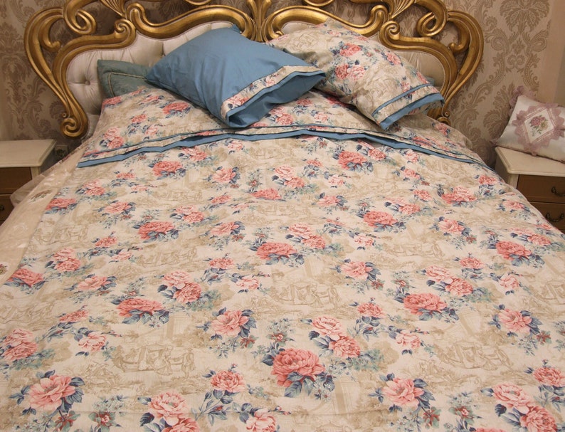 Blue Banded Floral Pattern Shabby Duvet Cover With Etsy