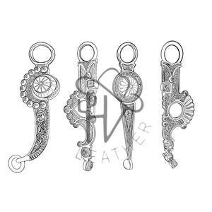 May include: Four detailed, black and white illustrations of horse bits. Each bit features intricate designs, including floral patterns, circular accents, and decorative edges. The bits vary in shape and style, showcasing different ornamental elements.