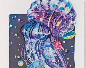 Bead embroidery kit Jellyfish dance bead embroidery sea creatures needlework hand embroidery, embroidery pattern Bead stitch painting AB09