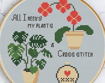 Easy needlepoint pattern All I Need is Cross Stitch & My Plants (PDF Download)
