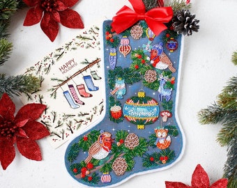 Beaded Christmas Stocking Hand Embroidery Kit: DIY Needlepoint