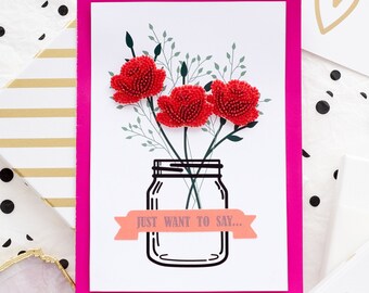 HAND STITCHED BIRTHDAY CARD OR ANY OCCASION RED BEADWORK FLOWER BIRTHDAY CARD