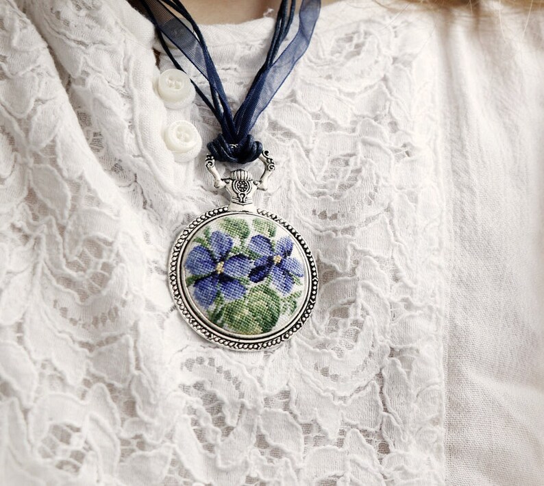Cross Stitch Pendant Violets Necklace Kit Floral Jewelry Etsy