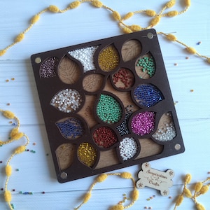 Wood organizer box for beads with needle magnet, jewelry making sectioned sorting tray beadwork accessory, gemstone compartment organizer