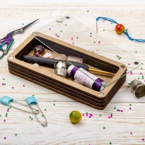 Wooden Organizer for Needlework and Sewing, Bead Storage Tray with Lid, Magnetic Needle Minder, Embroidery and Craft Supply Holder