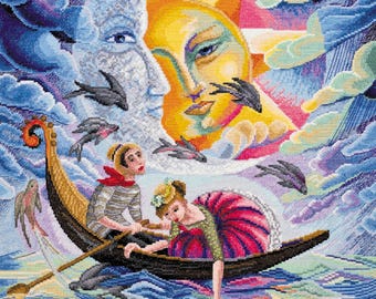 Romantic Boat Cross Stitch Kit – Moon & Sun Couple DIY Embroidery