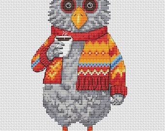 Owl Cross Stitch Pattern: Funny Coffee Ornament (PDF Downloadable Chart)