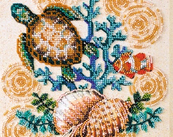 Sea Animals Embroidery DIY Kit, Turtle Pattern Beading Stitch Kit, Small Bead Embroidery Kit, Needlepoint Kit, Mermaid Pattern, AB03
