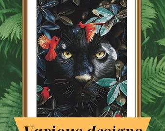 Black Panther Cross Stitch Kit: Wildlife Needlepoint, Modern Embroidery