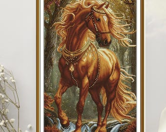 Magical Horse Cross Stitch Kit on Toned Canvas – Wildlife Scene Embroidery Nova Sloboda