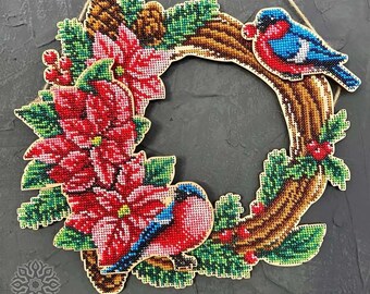 DIY Christmas Bead Embroidery Kit: Wooden Wreath with Bird & Poinsettia