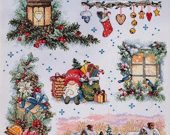 Christmas Winter Cross Stitch Kit – Cozy Holiday Sampler with Gnome, Lantern, Birds and Houses
