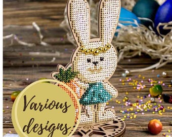 Easter Bunny Bead Embroidery Kit: DIY Wooden Ornament Craft Set