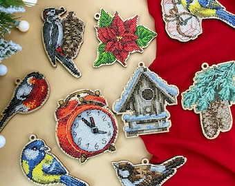 Bird Christmas Ornament Cross Stitch Kit: DIY Wooden Embroidery Decoration