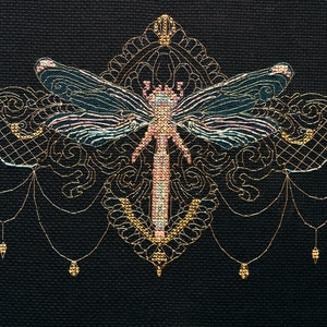 Needlepoint Kit Golden Dragonfly Metallic Tapestry kit, Blackwork Pattern, Embroidery kit Decorative Stitches, long stitch kits AbrisArt