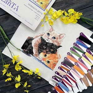 May include: A cross-stitch pattern featuring three kittens cuddling together. The pattern includes a color chart with 20 different colors of floss. The title of the pattern is "Furry Friends" in Russian and English.