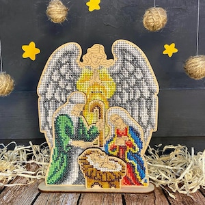 Wooden Christmas wreath Nativity scene Holy Family bead stitch on wood set of wooden blanks create wreath embroidered with beads or a cross