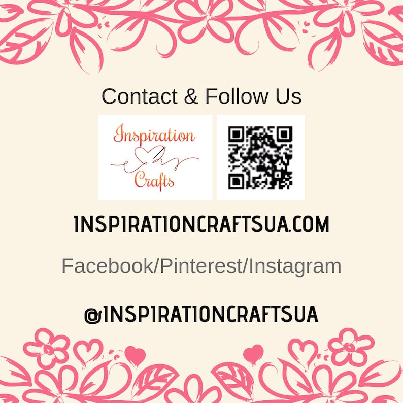 Puede incluir: Cont&aacute;ctanos y s&iacute;guenos en las redes sociales. Logotipo de Inspiration Crafts con un coraz&oacute;n y el texto "Inspiration Crafts". Tambi&eacute;n se muestra un c&oacute;digo QR. La direcci&oacute;n del sitio web es "inspirationcraftsua.com". S&iacute;guenos en Facebook, Pinterest e Instagram. @inspirationcraftsua