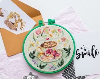 Hand Embroidery Kit for Beginner Floral Coffee Cup, Embroidery Hoop Pattern Cross stitch kit Wildflower Embroidery Hoop, Hoop Art Kit AHM01