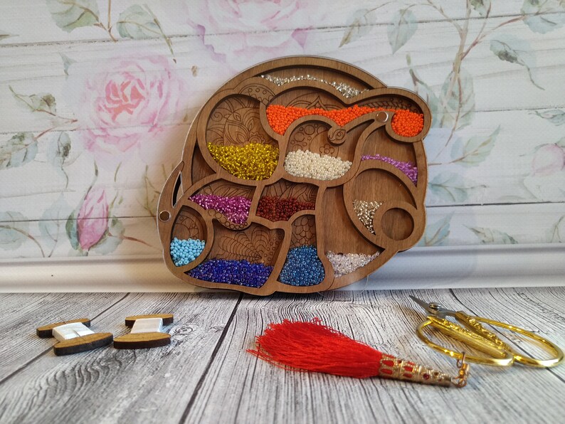 Wood Bead Organizer Box With Needle Elephant Beads Etsy