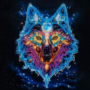 Bead Embroidery Kit: Guardian Wolf Shaman, Fantasy Needlepoint
