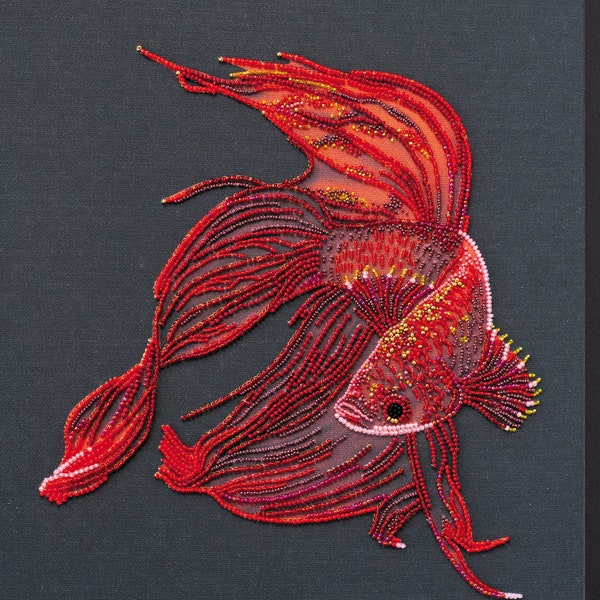 Bead embroidery kit Siamese Fighting Red Fish Ocean needlework kit, hand embroidery fish embroidery pattern, wall art beading pattern AB09