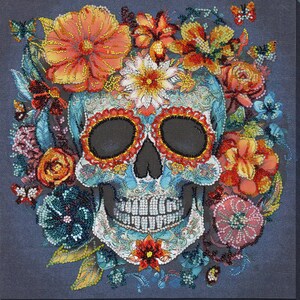 DIY Calavera Bead Embroidery Kit Day of the Dead Craft Supplies Modern Embroidery Art Beading Stitch Kit Needlepoint Kit Home decor