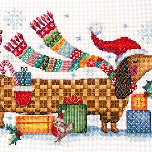Badger Dog Cross Stitch DIY Kit Holiday Mood Embroidery Pattern, Hand Embroidery Set, Christmas Sausage Dag  Needlepoint Kit, AbrisArt
