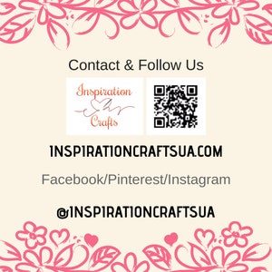 May include: Contact and follow us on social media. Inspiration Crafts logo with a heart and the text "Inspiration Crafts". A QR code is also shown. The website address is "inspirationcraftsua.com".  Follow us on Facebook, Pinterest, and Instagram. @inspirationcraftsua