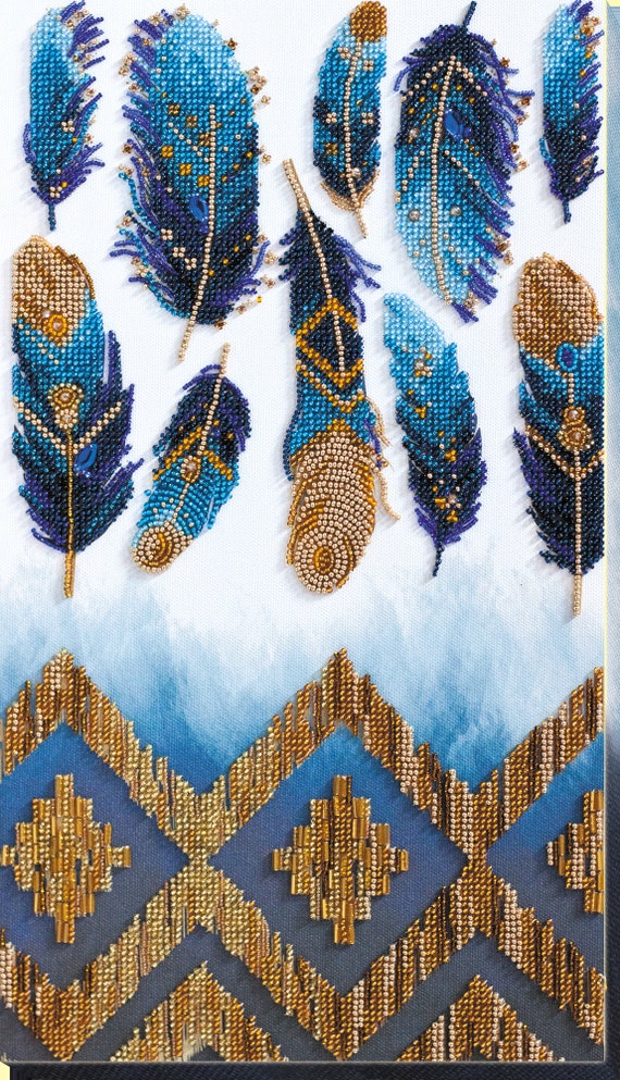 Bead Embroidery Kit Indigo Feathers Native Motive Bead Embroidery  Needlework Kit, Hand Embroidery, Embroidery Pattern Beading Pattern AB09 