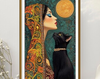 Woman and Black Cat Bead Embroidery Kit Nova Sloboda