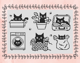 Black Cats Cross Stitch Pattern, Funny Felines (PDF Download)