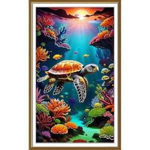 Pode incluir: Uma obra de arte emoldurada e vibrante que retrata uma cena subaquática. Uma tartaruga marinha nada em meio a recifes de coral coloridos, com peixes e luz solar filtrando através da água. A obra tem uma moldura dourada.