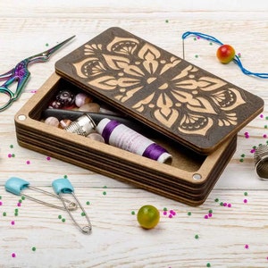 Wooden Organizer for Needlework and Sewing, Bead Storage Tray with Lid, Magnetic Needle Minder, Embroidery and Craft Supply Holder