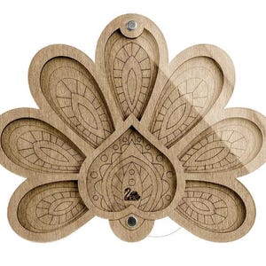 Wood Bead Organizer Box: Plywood Beadwork Case with Needle Magnet Peacock 025