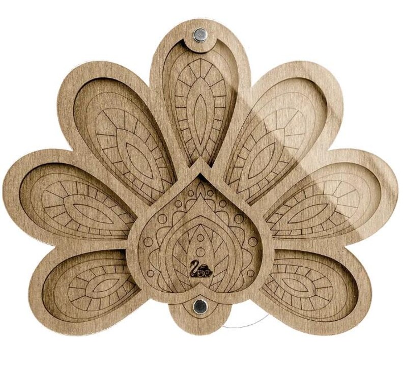 Wood Bead Organizer Box: Plywood Beadwork Case with Needle Magnet Peacock 025