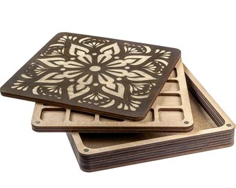 Wood Bead Organizer Box: Mandala Lid, Jewelry Making Tray, 21-Cell