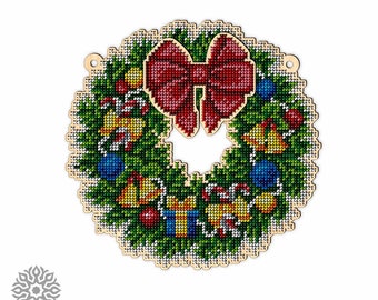 Wooden Christmas Wreath DIY Embroidery Kit: Bead Stitch