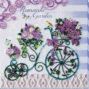 Vintage Romantic Beading Stitch Kit, Purple Citybike Embroidery Pattern, Needlepoint Kit, Mini Beading Kit, Lilac Floral Artwork, AbrisArt