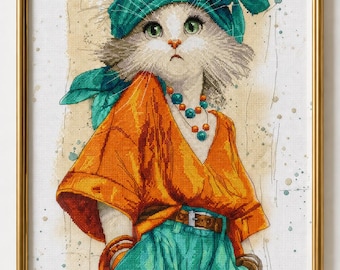Stylish Cat Cross Stitch Kit – Whimsical Fashion Animal Wall Art